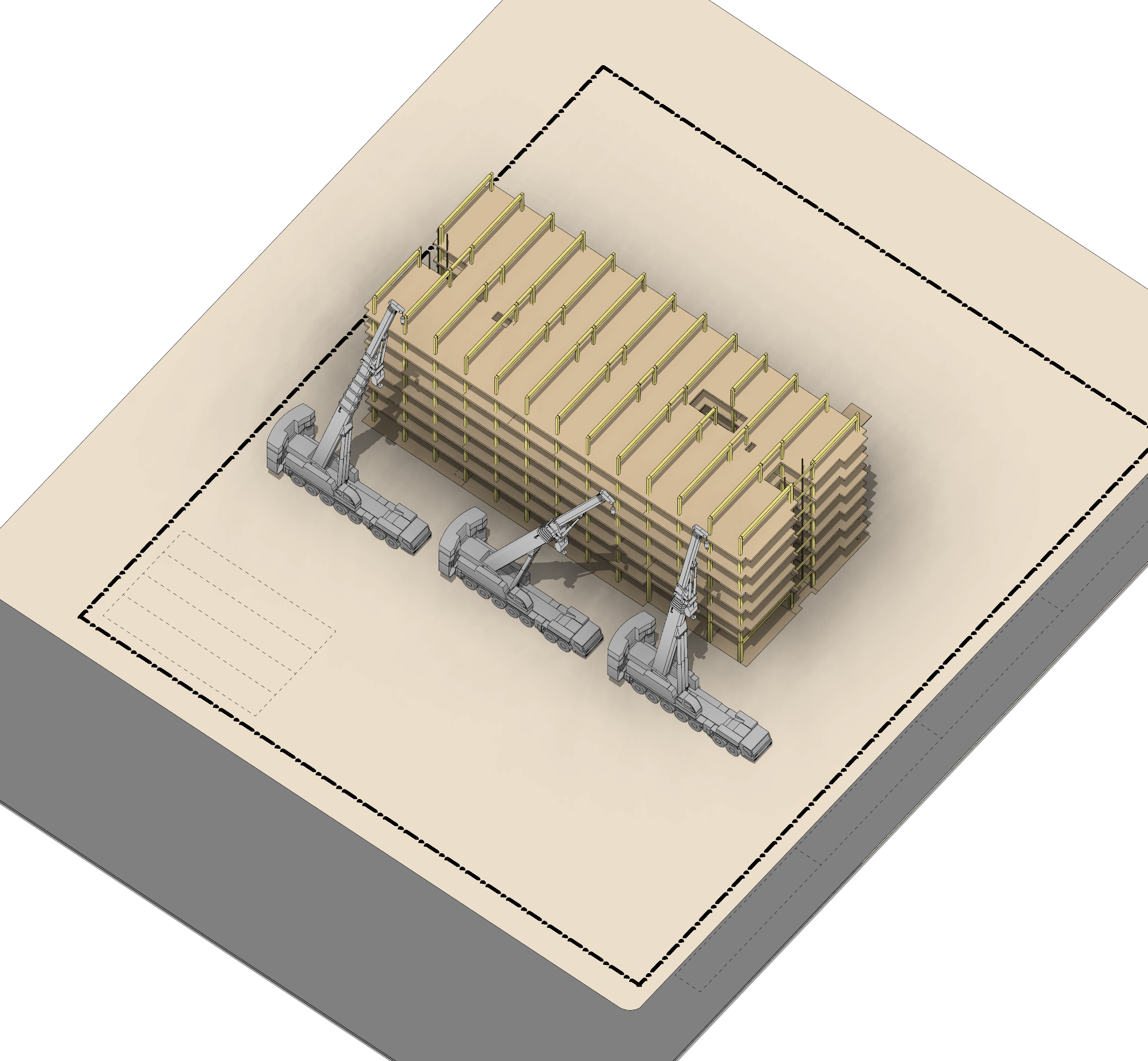 Site plan — crane placement, laydown zones, and delivery staging