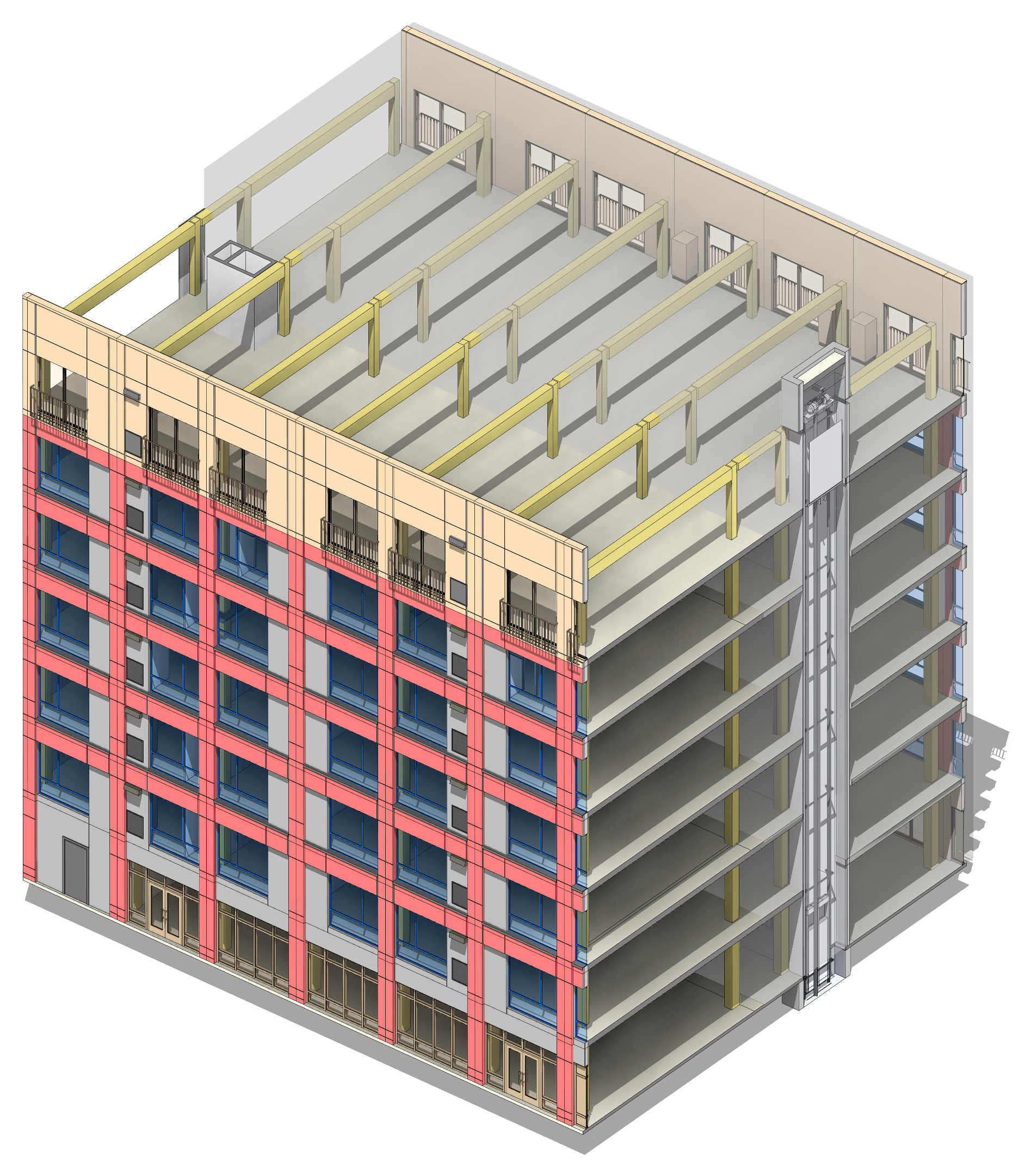 Isometric cutaway — panel enclosure system applied to mass timber frame