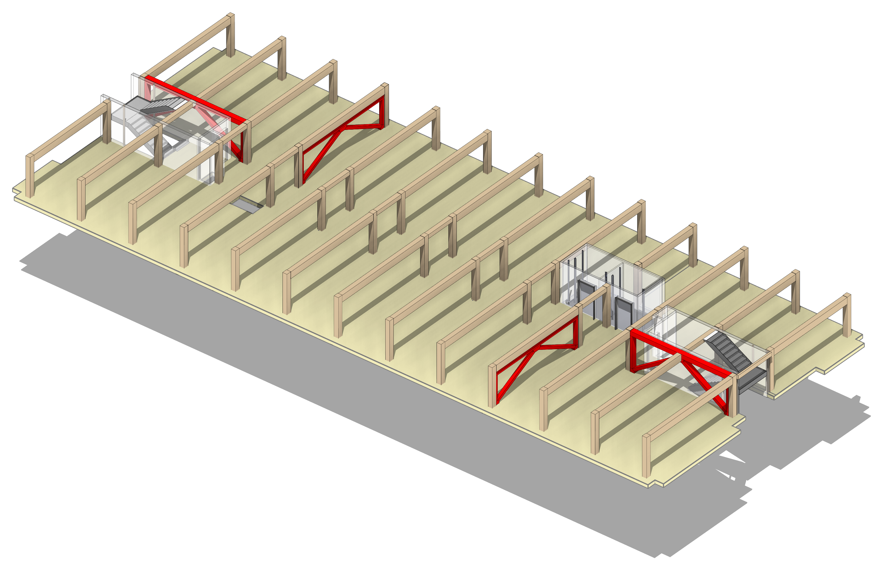 Single floor plate — post and beam layout with lateral bracing