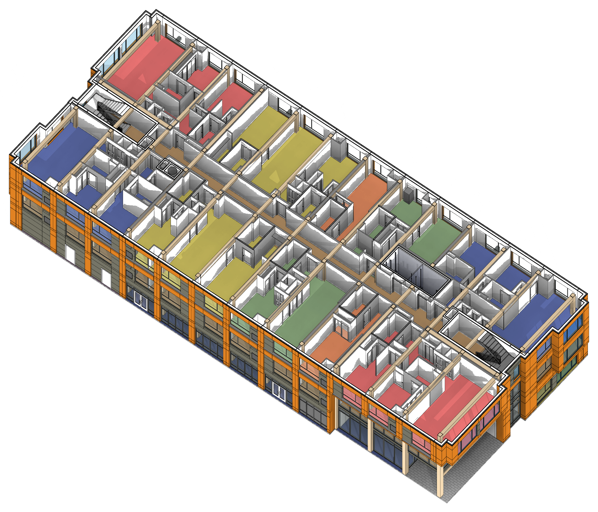 Isometric cutaway — complete integrated building system with units, structure, and enclosure